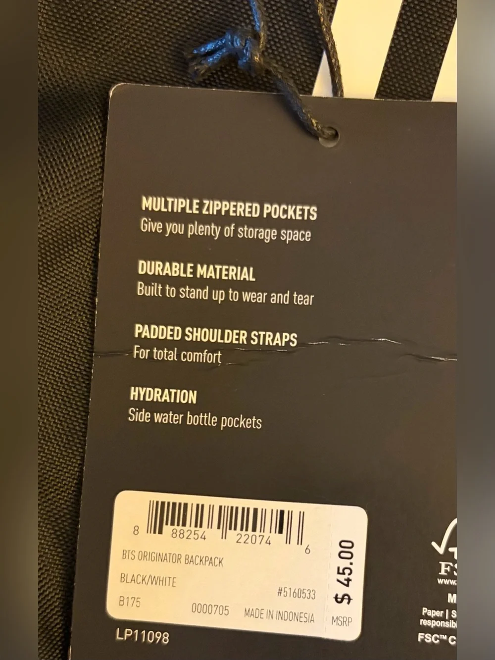 NWT ADIDAS Black Backpack with White Three-Stripes